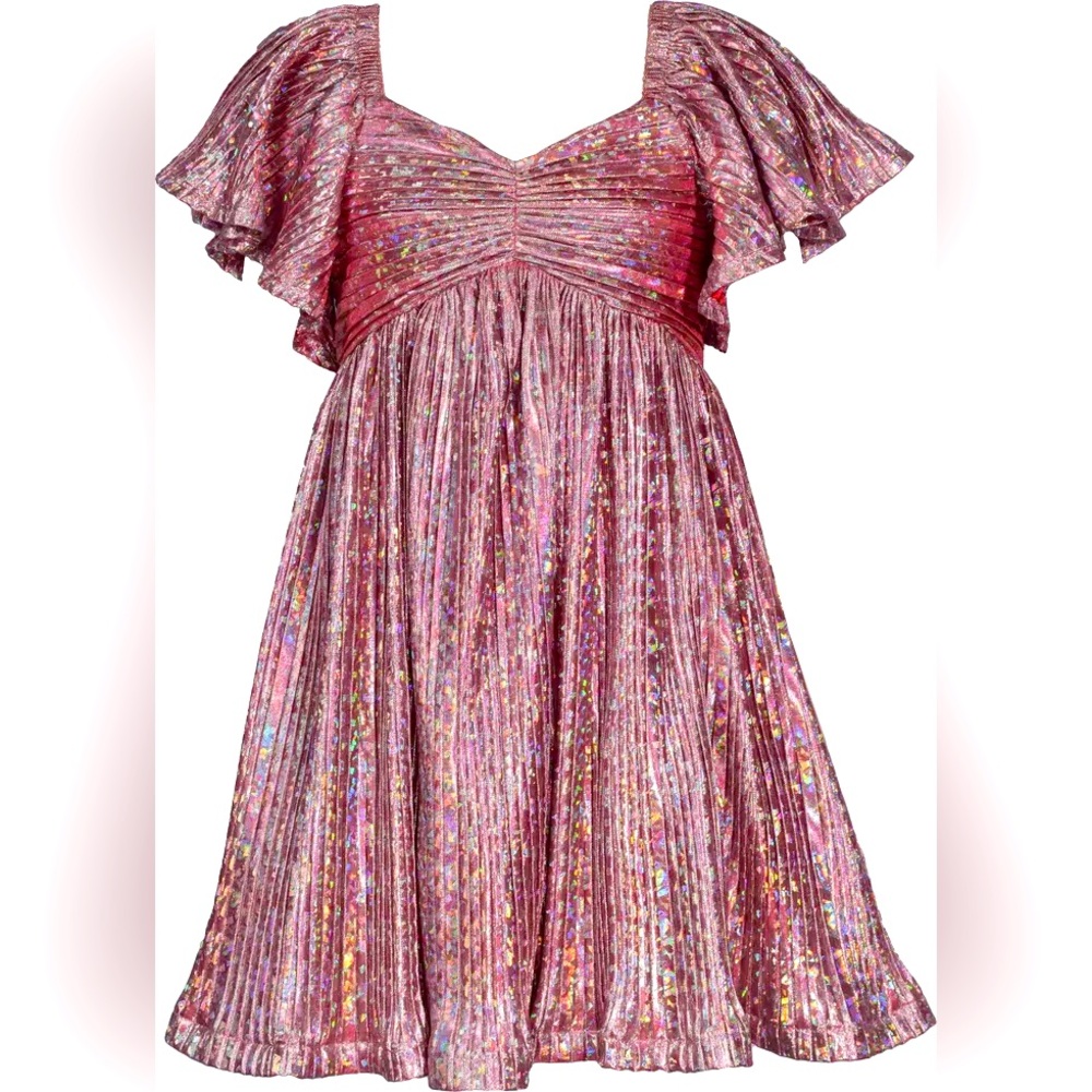 Girls Metallic Pink Pleated Party Dress